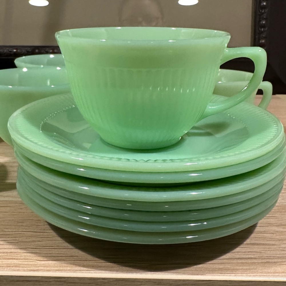 Jadeite Fire King Jane Ray Pattern Tea Cup & Saucer set of 6